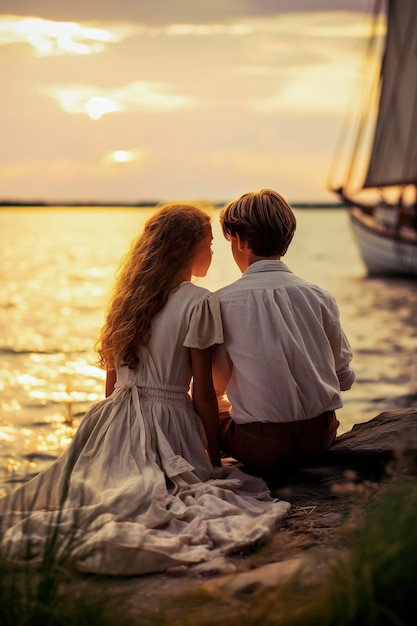 Illustrazione generativa di sfondo AI di una coppia di bambini romantici in mare con la luce del tramonto Concept d'amore