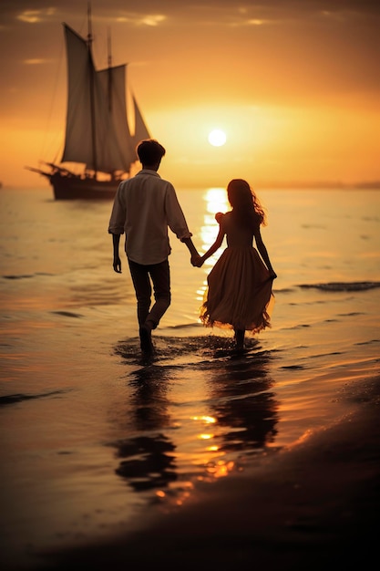 Illustrazione generativa di sfondo AI di una coppia di bambini romantici in mare con la luce del tramonto Concept d'amore