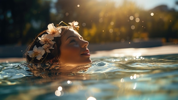 Illustrazione generativa di una giovane donna sorridente che galleggia su una piscina