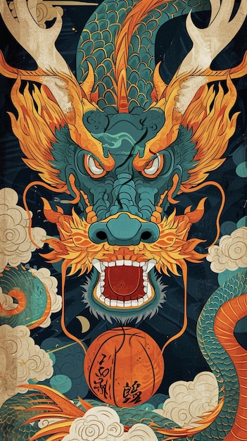 Illustrazione grafica 2D di un drago della mitologia asiatica in una postura ostile molto dinamica