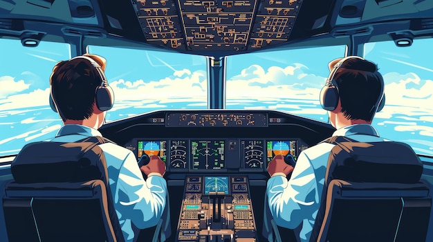 Illustrazione grafica del pilota e del copilota nella cabina di pilotaggio dell'aereo Immagine generata dall'intelligenza artificiale