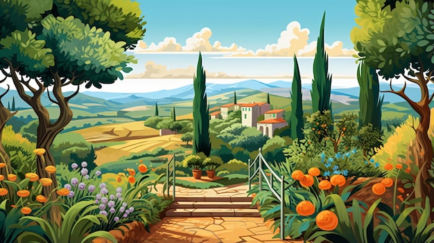 Illustrazione grafica di un giardino toscano