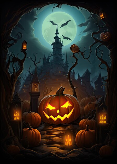 Illustrazione Halloween mostri spaventosi zucche