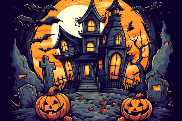 illustrazione horror Poster di Halloween di casa spaventosa e zucca