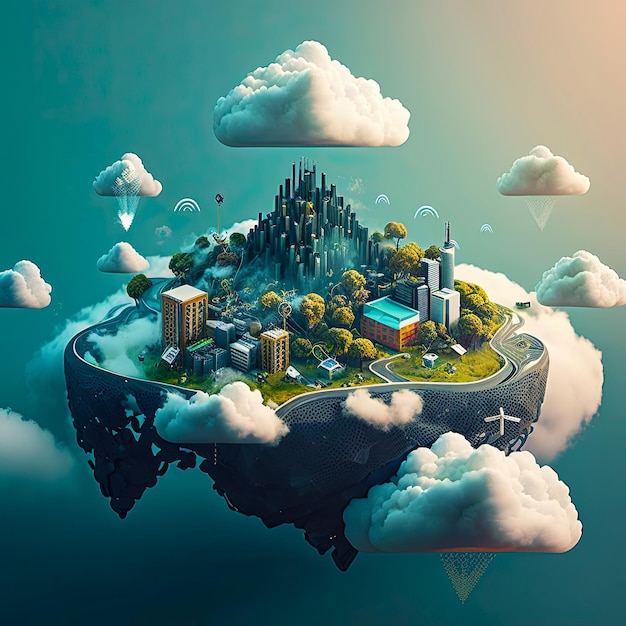 Illustrazione I Una moderna città ecologica in una spessa nuvola che fluttua nell'aria circondata da chip elettronici
