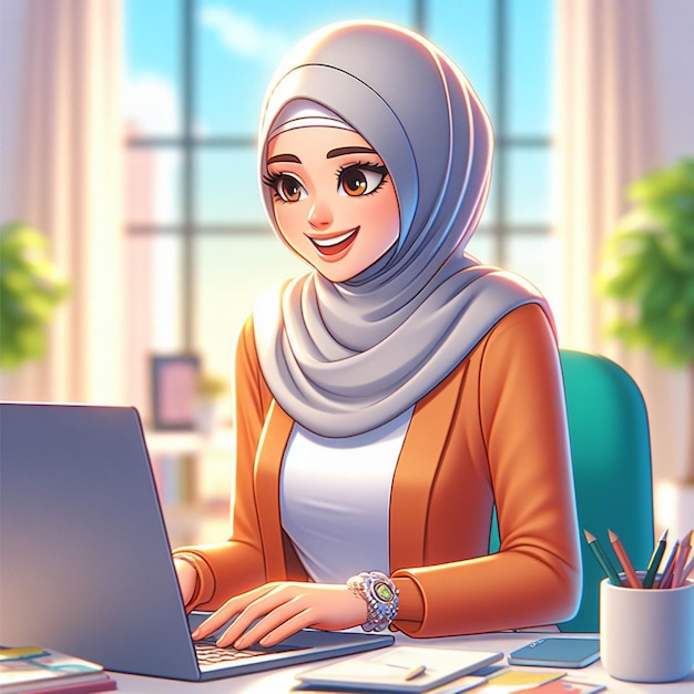 Illustrazione in 3D di un cartone animato con una bella donna che indossa un hijab che lavora diligentemente al suo portatile