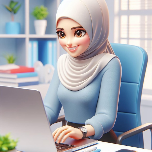 Illustrazione in 3D di un cartone animato con una bella donna che indossa un hijab che lavora diligentemente al suo portatile