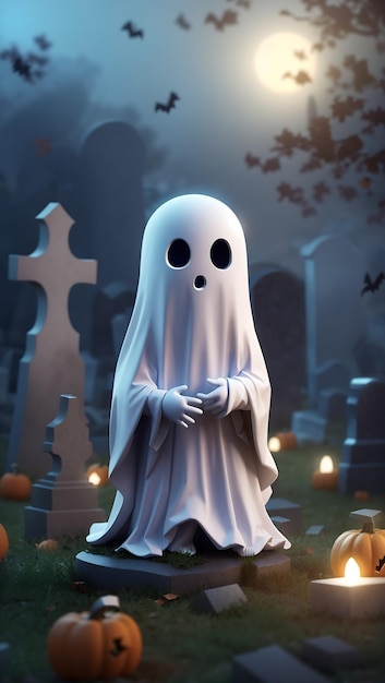 Illustrazione in 3D di un simpatico Ghost Happy Halloween banner o invito a una festa