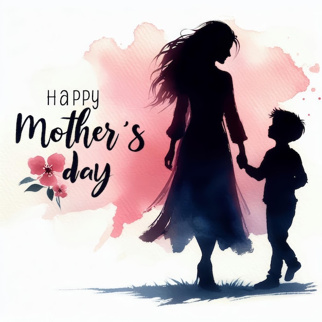 Illustrazione in acquerello della silhouette della madre e del piccolo spn con testo felice giorno della madre