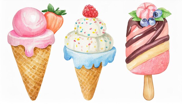 Illustrazione in acquerello di 3 gelati kawaii isolati su un dessert bianco gustoso