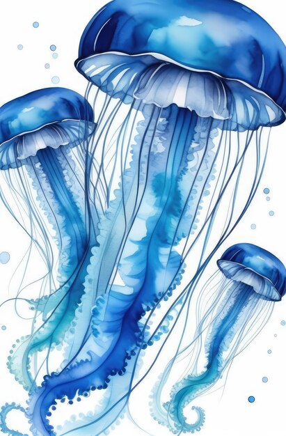 Illustrazione in acquerello di medusa con lunghi tentacoli di corpo turchese isolati su uno sfondo bianco
