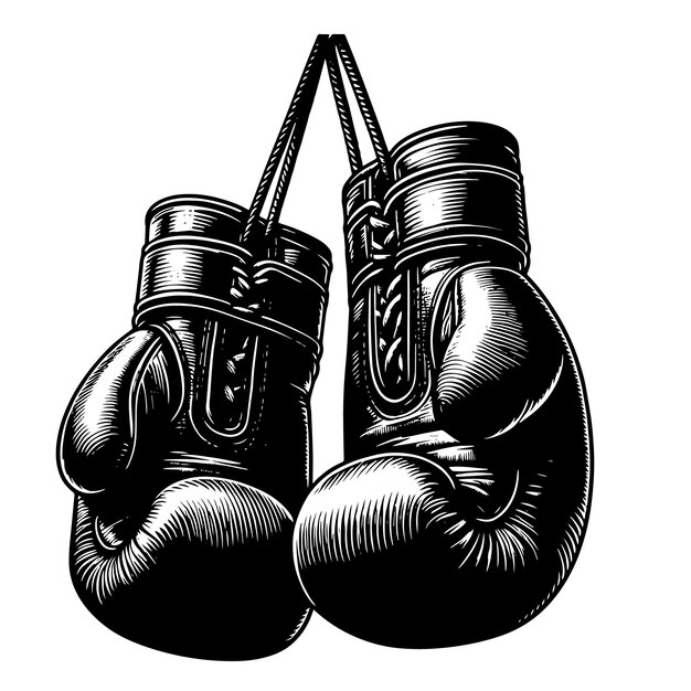 Illustrazione in bianco e nero di guanti da boxe sospesi