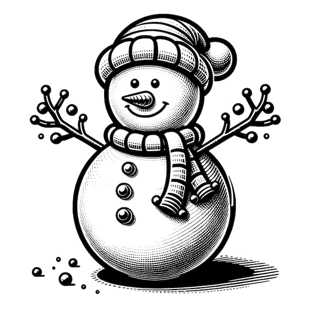 illustrazione in bianco e nero di un uomo di neve con una sciarpa a righe e un berretto