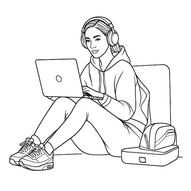Illustrazione in bianco e nero di una ragazza con un portatile e cuffie