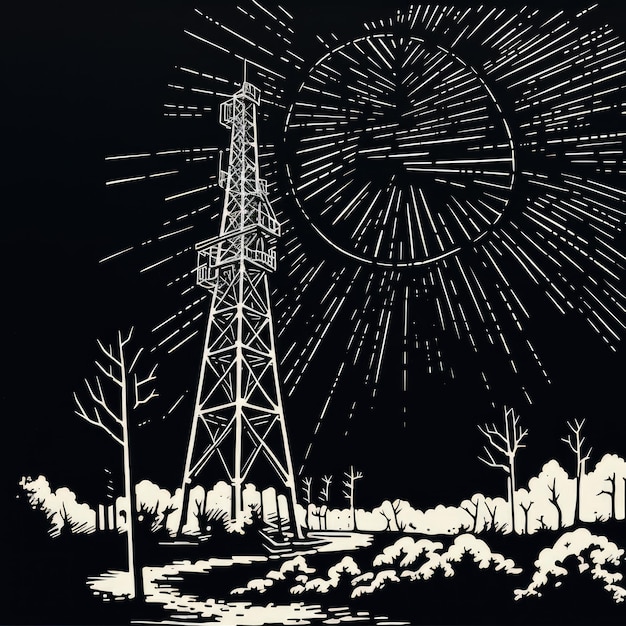 Illustrazione in bianco e nero di una torre radio generata dall'IA Immagine