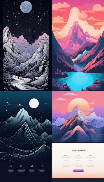 Illustrazione in colore pastello di montagna e tratto nero di una pagina di destinazione per il sito web Generative ai