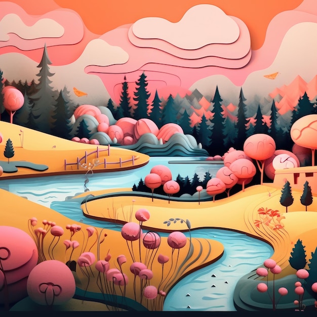 Illustrazione in colore pastello di montagna e tratto nero di una pagina di destinazione per il sito web Generative ai