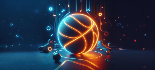 Illustrazione in neon 3D di una palla da basket a terra