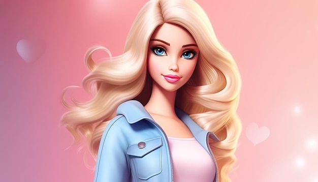 Illustrazione in primo piano con la bambola Barbie su sfondo rosa tenue e cuori