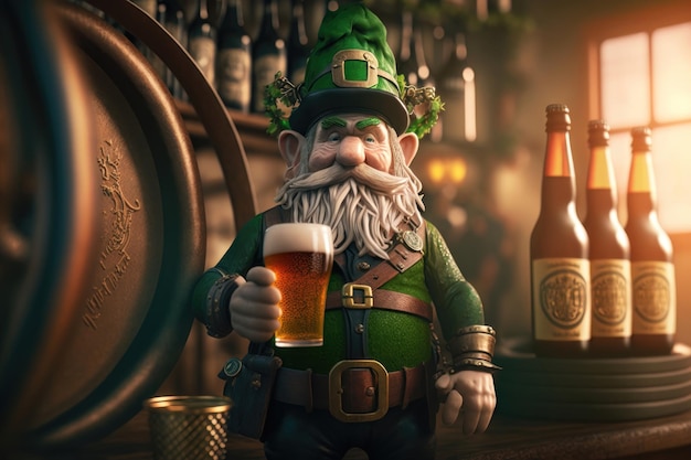 Illustrazione in stile 3D di un elfo leprechaun con una birra Generazione AI del concetto del giorno di San Patrizio