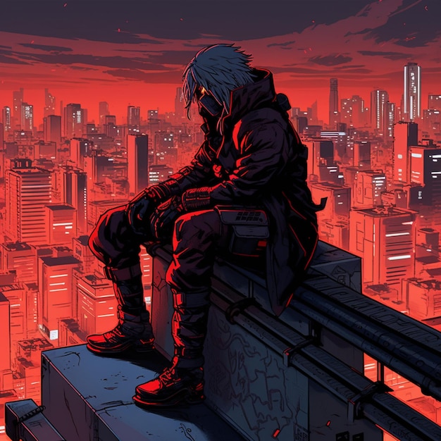 Illustrazione in stile anime di un uomo seduto su una sporgenza con vista su una città generativa ai