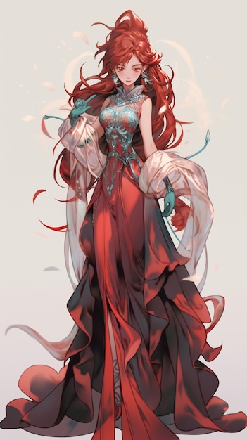 illustrazione in stile anime di una donna con un vestito rosso con una spada generativa ai