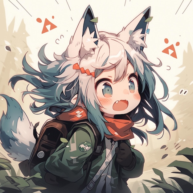 Illustrazione in stile anime di una ragazza con orecchie da gatto e uno zaino ai