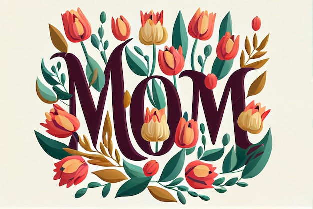 Illustrazione in stile cartone animato di fiori per congratulazioni alla festa della mamma e iscrizione di testo mamma AI