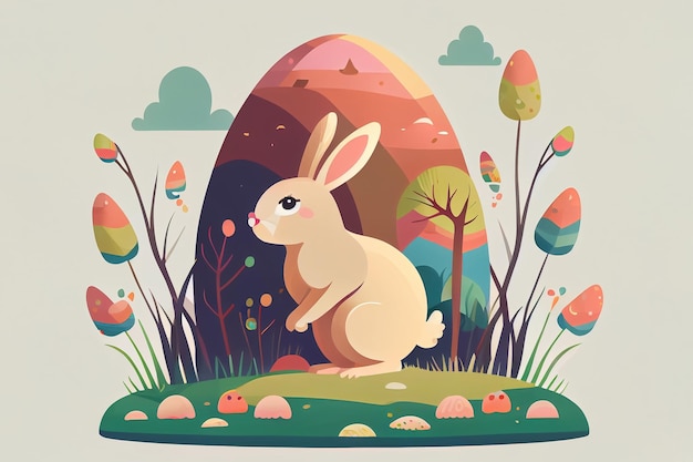 Illustrazione in stile cartone animato di simpatico coniglio e uovo di pasqua in colori tenui AI