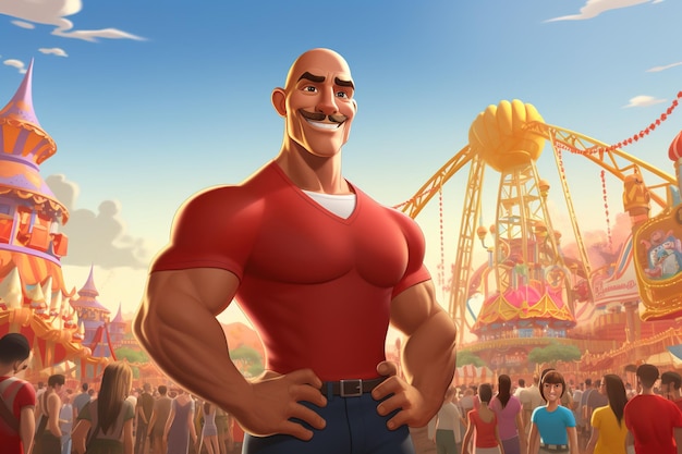 Illustrazione in stile cartone animato di un forte atleta con i baffi in maglietta rossa in una fiera