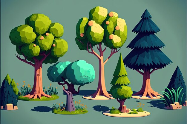 Illustrazione in stile cartone animato di un insieme di alberi, sfondo. IA generativa