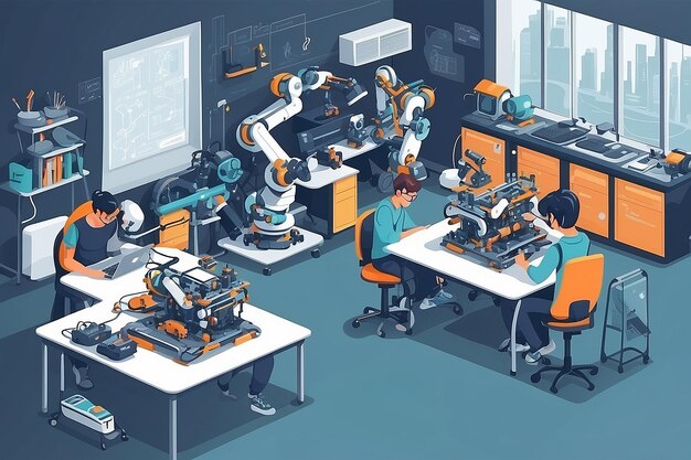 Illustrazione in stile piatto vettoriale dell'angolo del laboratorio di robotica