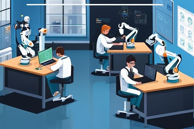 Illustrazione in stile piatto vettoriale dell'angolo del laboratorio di robotica