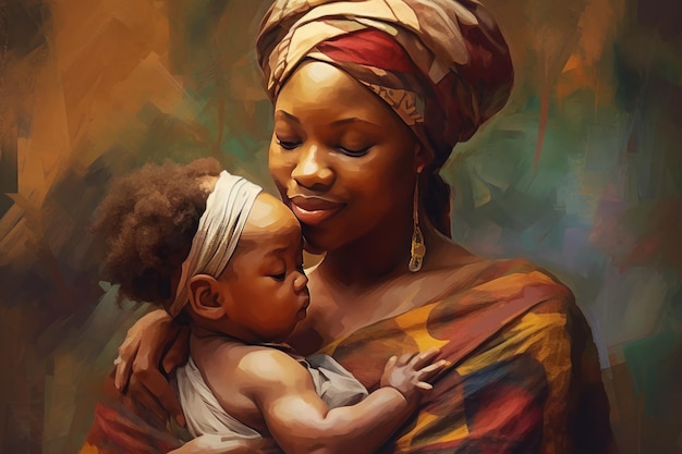 Illustrazione in stile pittorico di una madre africana con il suo bambino raffigurante un ritratto gioioso e ottimista IA generativa