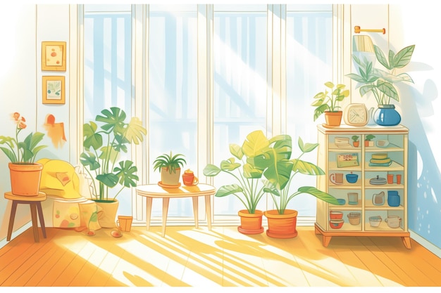 Illustrazione in stile rivista di piante d'interno alla luce del sole che scorre attraverso una finestra del soffitto del pavimento