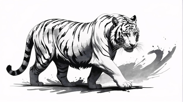 Illustrazione in stile Sumi E in bianco e nero Pittura tradizionale della tigre bianca