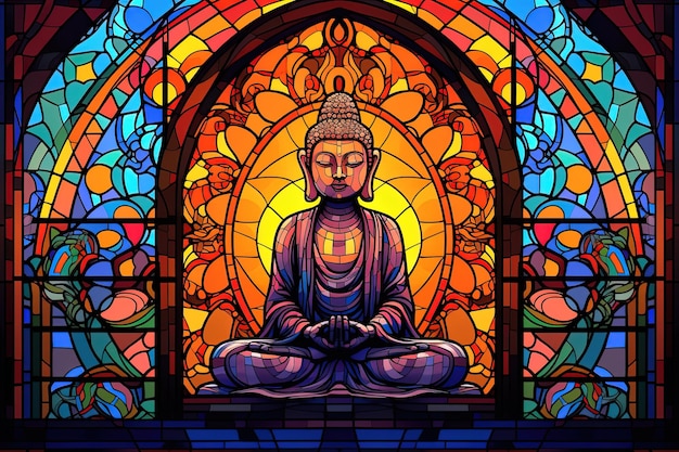 Illustrazione in stile vetro colorato con statua di buddha su sfondo colorato