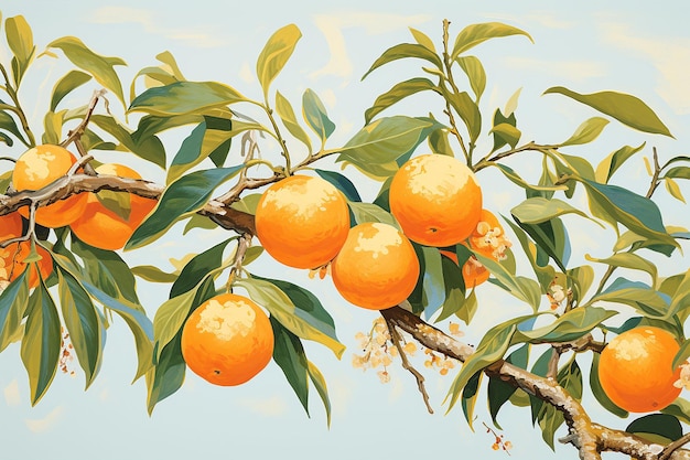 Illustrazione in stile vintage dell'albero di mandarino con frutti maturi