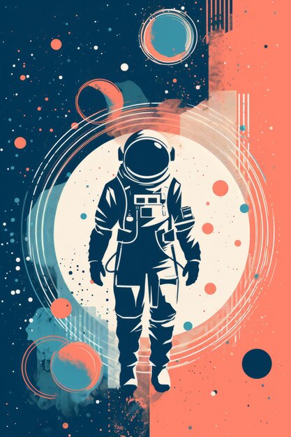 Illustrazione in stile vintage di un astronauta spaziale poster o striscione astratto di fantascienza