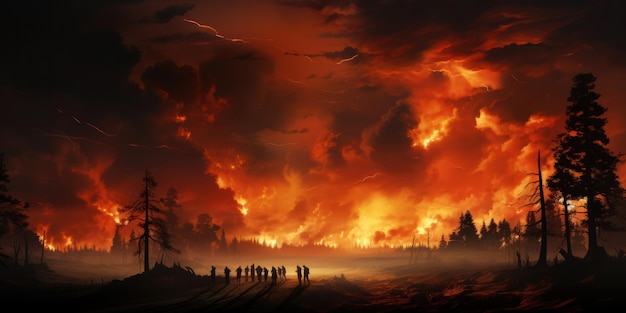 Illustrazione incendi forestali incendi selvatici paesaggio catastrofe naturale sfondo banner panorama fiamme ardenti con sviluppo di fumo e silhouette nera di alberi forestali e vigili del fuoco