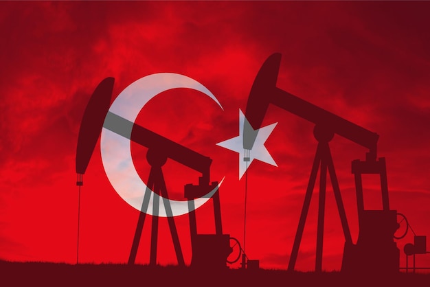 Illustrazione industriale del concetto di industria petrolifera turca Bandiera della Turchia e pozzi petroliferi borsa economia e commercio produzione di petrolio