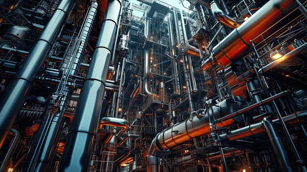 Illustrazione industriale di fabbrica metallo acciaio stile realistico ambiente di lavoro modernismo futurismo pulizia pulizia tubi meccanismi auto-replicante concetto di IA generativo da AI