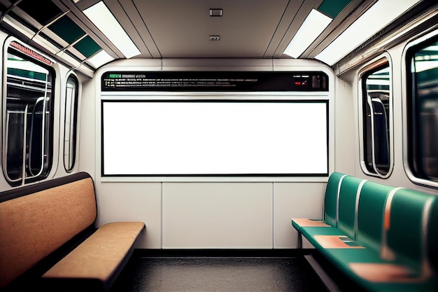 Illustrazione Interno del moderno treno della metropolitana con cartellone informativo bianco IA generativa