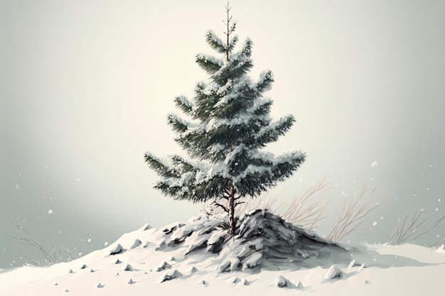 Illustrazione invernale di un piccolo pino innevato