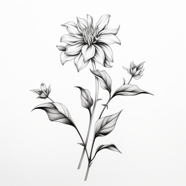 Illustrazione iperrealistica di fiori in bianco e nero Disegno minimalista di Zinnia