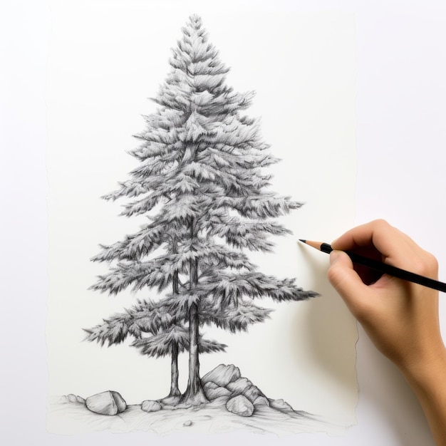 Illustrazione iperrealistica di uno schizzo di albero di pino meticolosamente dettagliato