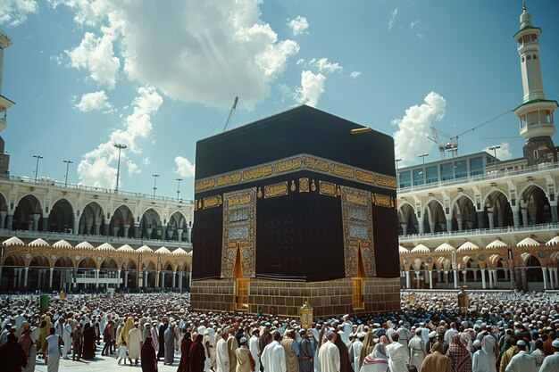 Illustrazione islamica della Kaba circondata da musulmani creata con IA generativa