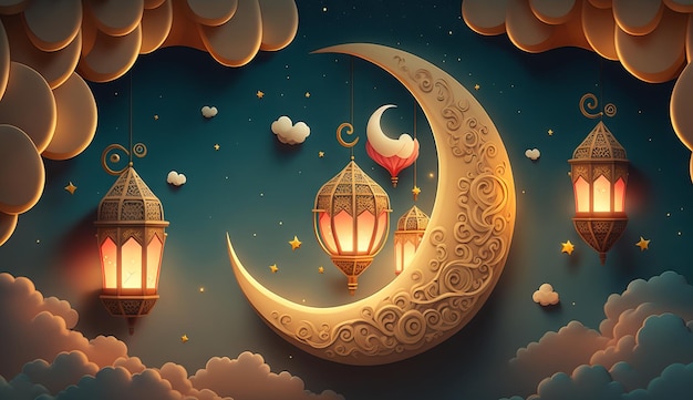 Illustrazione islamica di una falce di luna e nuvole realistiche con lanterne e cuori tradizionali Ai generativa