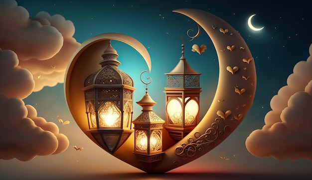 Illustrazione islamica di una falce di luna e nuvole realistiche con lanterne e cuori tradizionali Ai generativa