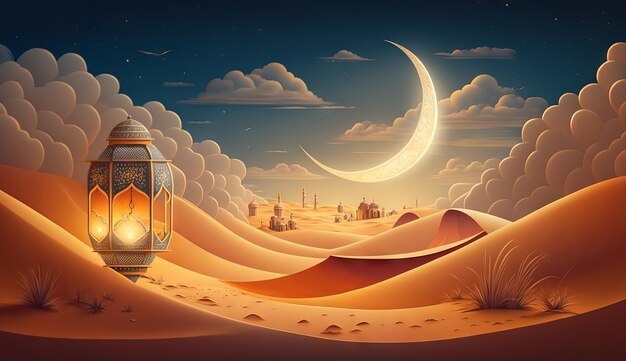 Illustrazione islamica di una falce di luna e nuvole realistiche con lanterne tradizionali e dune di sabbia AI generativa